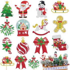 12Pcs Christmas Rhinestones Painting Kits Santa Claus Snowman Gingerbread Man Christmas Stockings Bows Design Rhinestones Art For DIY Art Garden Stake