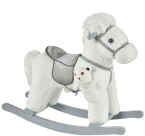 White Plush Rocking Horse With Bear Toy For Kids, Soft   Sound Rocker, Ideal For Nursery  Playtime