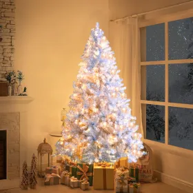 6FT Sliver Pre-Lit Artificial Christmas Tree, Hinged Full Tree With Metal Stand, 800 Branch Tips, 300 LED Lights,11 Lighting Modes, Holiday Decoration