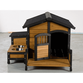 Large Wooden Dog House With Storage Box And Feeding Station, Outdoor Pet Kennel With Asphalt Roof, Porch, And Lockable Door  Weatherproof Fir Wood Dog