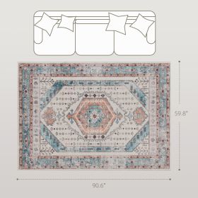 5x7 Area Rug, Vintage Machine Washable Rug, Non-Slip Floor Carpet For Living Room, Bedroom, Dining Room, Brown And Blue