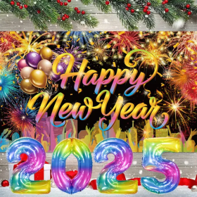Happy New Year Background Cloth With 32 Inch Balloons Fireworks Designs New Year Backdrop Decor Holiday Photo Studio Props For 2025 New Year Party Pho
