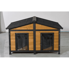 Large Outdoor Wooden Dog House With Dual Doors, Waterproof Asphalt Roof  Lift-Up Top, Fir Wood Dog Shelter For Medium To Large Dogs Black  Natural Fin