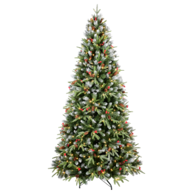 Artificial 5ft Green LED-lit Christmas Tree With 1113PE PVC Mixed Branch Tips,Red Fruit And Pine Cone,Hinged Premium & Foldable Base For Indoor Holida