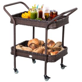 Rattan Wicker Outdoor Kitchen Trolley, Rolling Serving Cart With 2 Tray Shelves, Brown