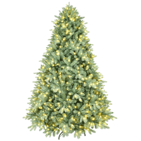 Artificial 7ft Blue Green Tint Christmas Tree With 2518 PE PVC Mixed Branch Tips, 700L Warm White Led, Memory Wire Iron Wire, Hinged Premium & Foldabl