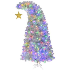 6 FT Bent Top Pre-lit Christmas Tree With Golden Star, Hinged Artificial Xmas Tree With 300 Lights, 900 Branch Tips For Holiday Party Store Office Hom