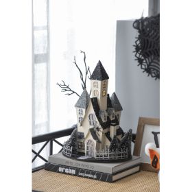 10x8.3x13.5 Cardboard Lighted Haunted House, Black Beige Tabletop Holiday Halloween Decor, Battery Powered