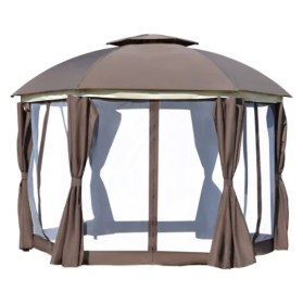 144x144 Inch Round Outdoor Gazebo, Patio Dome Gazebo Canopy Shelter With Double Roof, Netting Sidewalls And Curtains, Zippered Doors AS