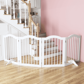 27.6 Height Tall Freestanding Pet Gate, 4 Panels Foldable Dog Gate, Solid Wood Folding Safety Fence Wooden Dog Gate With 2 Pcs Support Feet Ideal For