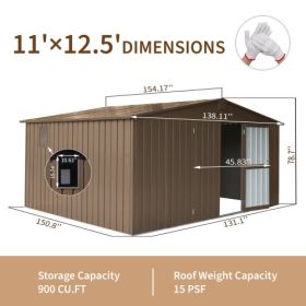 Storage Shed 11 X 12.5  With Galvanized Steel Frame & Windows, Outdoor Garden Shed Metal Utility Tool Storage Room With Lockable Door For Patio B (Color: Brown)